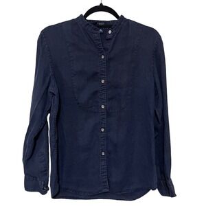 100% Linen Dark Blue Gold Button Up Shirt Women's Medium Chaps Casual Summer